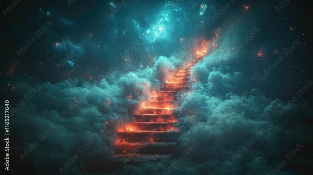 Obraz premium Fiery staircase ascending through mystical clouds and starry night sky.