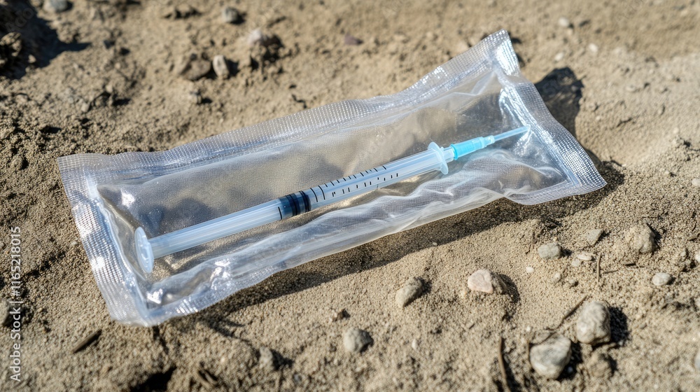 Syringe Packaged in Sealed Plastic on Sandy Ground Environment Syringe Packaged in Sealed Plastic on Sandy Ground Environment