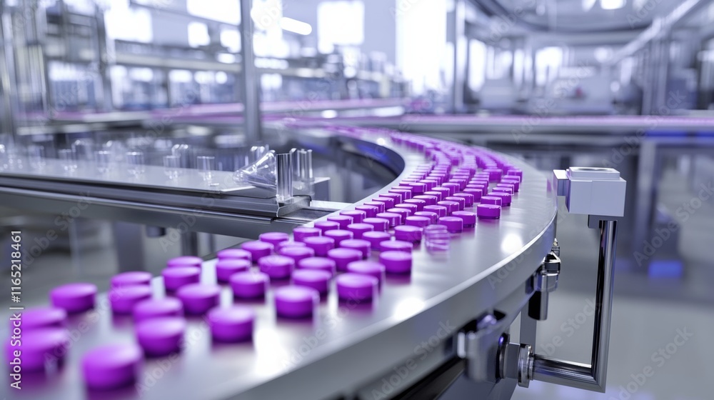 Obraz premium A digital rendering of a pharmaceutical packaging factory with automated assembly lines