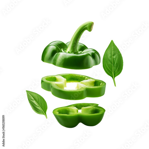 Sliced Green bell pepper vegetble with green leaf on transparent background photo