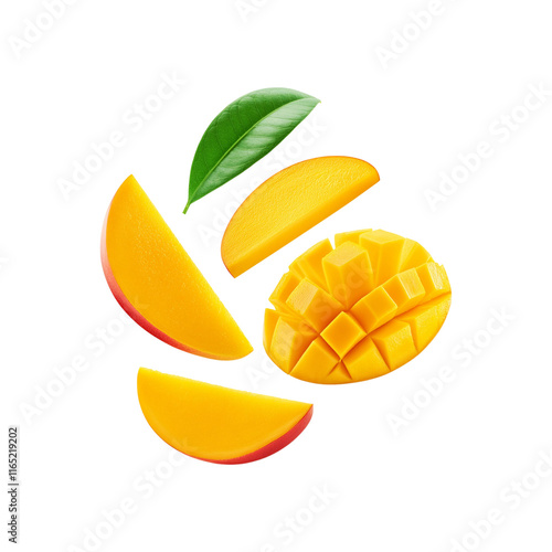 Falling ripe mango slices with green leaf on transparent background