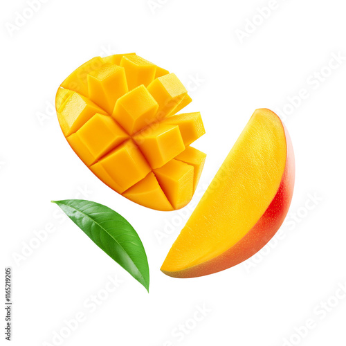 Fresh ripe mango slices with green leaf on transparent background