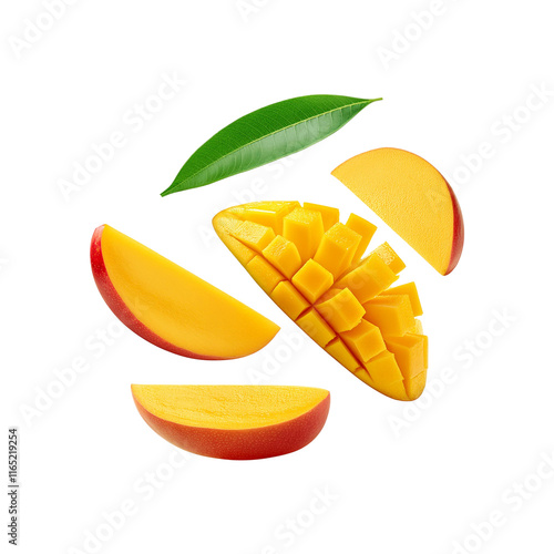 Falling ripe mango slices with leaf on transparent background