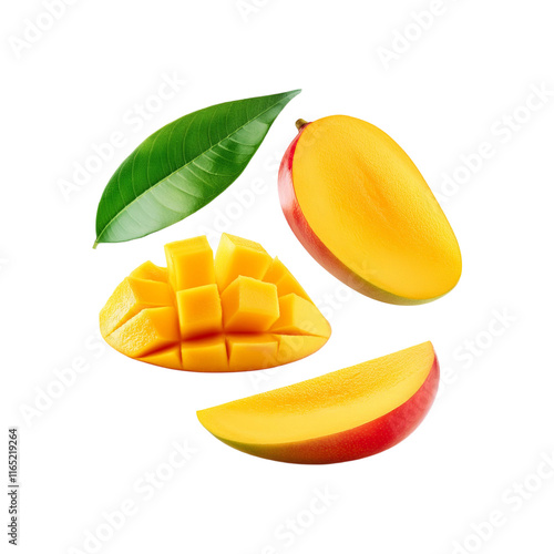 Obraz na płótnie Falling ripe mango slices on transparent background
