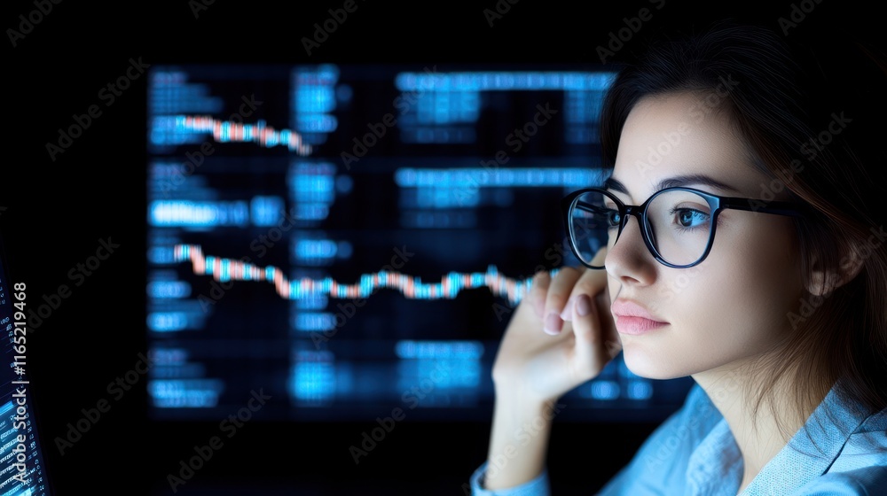 Woman analyzing data on a computer screen in a dark environment. Woman analyzing data on a computer screen in a dark environment.