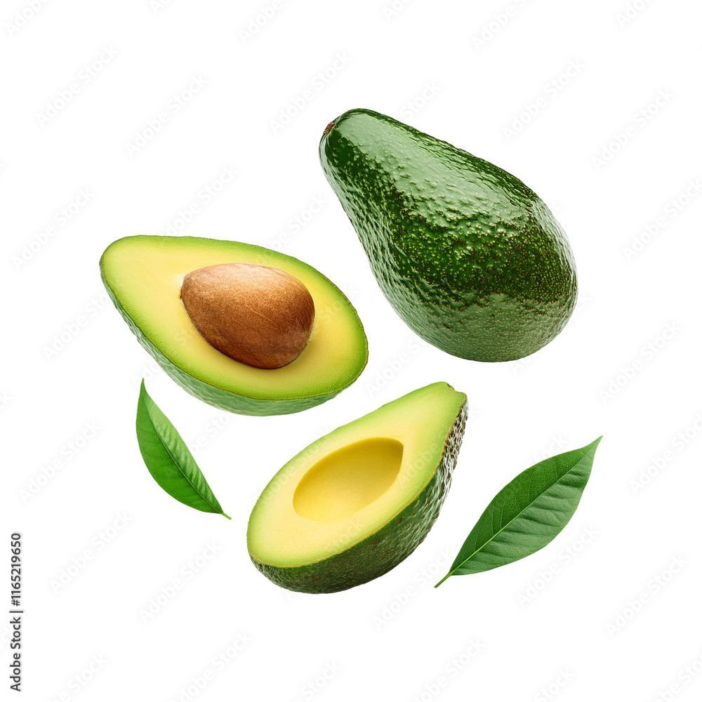 Sliced avocado fruit with leaf on transparent background Sliced avocado fruit with leaf on transparent background