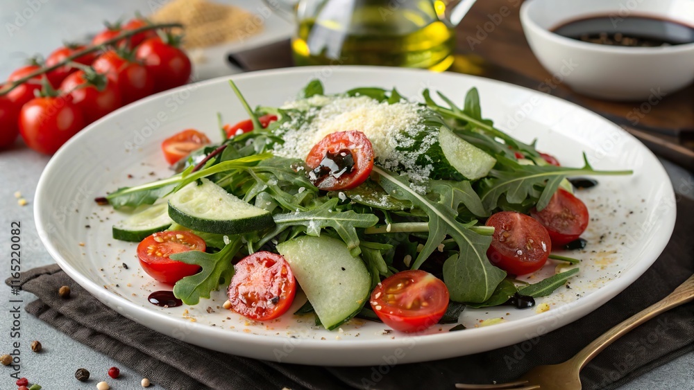 Fresh and vibrant arugula salad with cherry tomatoes and cucumber drizzled with balsamic glaze Fresh and vibrant arugula salad with cherry tomatoes and cucumber drizzled with balsamic glaze