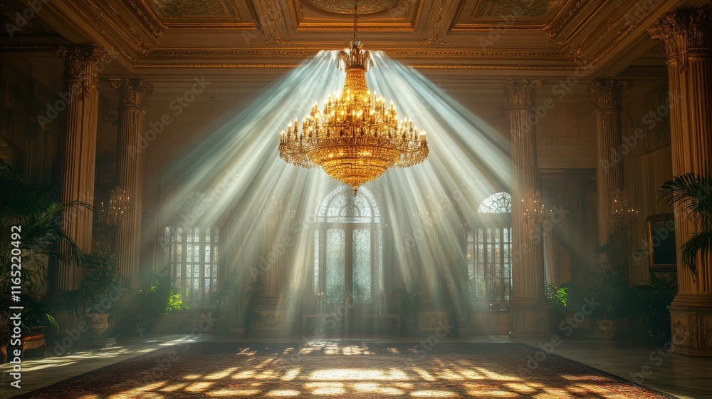 Obraz premium Stunning Grand Hall Interior with Majestic Crystal Chandelier Radiating Soft Light through Tall Windows and Illuminating Elegant Carpet and Surrounding Foliage