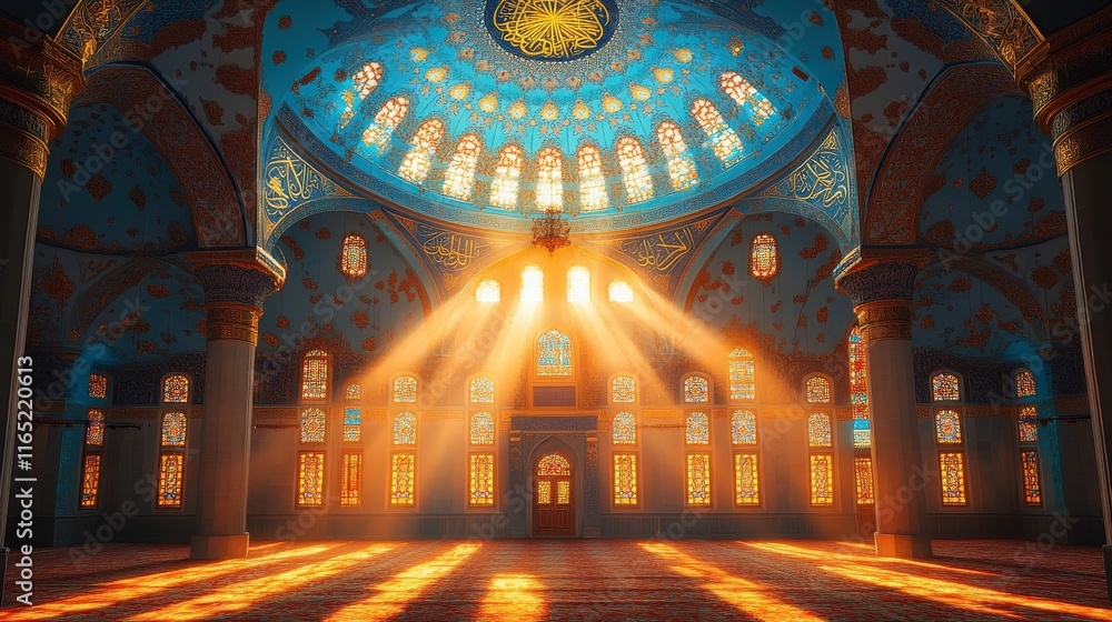 Obraz premium Stunning Interior of an Ornately Designed Mosque Bathed in Golden Sunlight with Colorful Stained Glass Windows Illuminating the Sacred Space