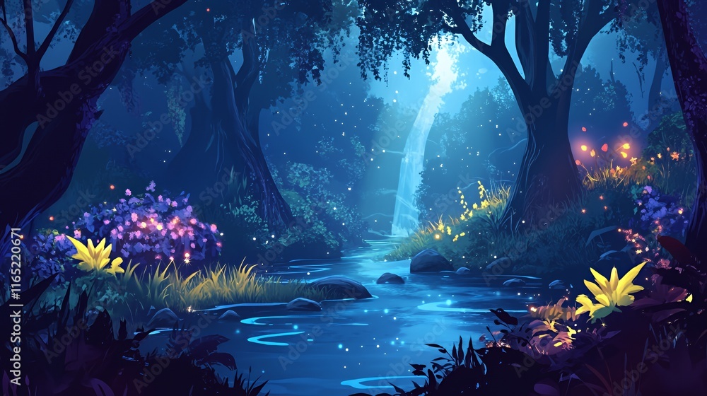 Obraz premium Enchanting Night Forest Waterfall Scene With Luminescent Flora