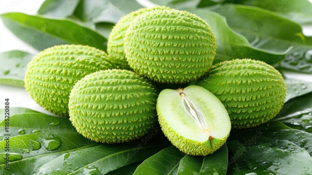 Fresh Kiwano Melon on Lush Green Leaves Fresh Kiwano Melon on Lush Green Leaves