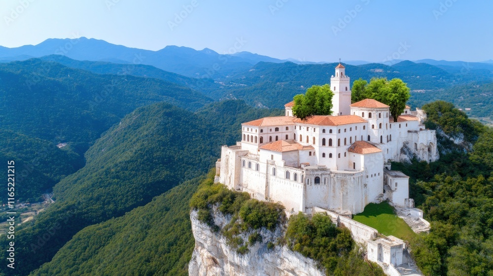 Obraz premium Aerial view of a historic monastery on a cliff surrounded by mountains.