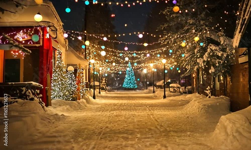 Wallpaper Mural Snowy street adorned with festive lights and a Christmas tree. Torontodigital.ca