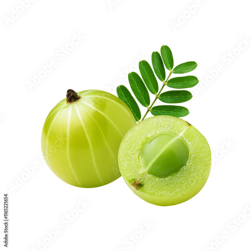 Fresh amla fruit with green leaf on transparent background