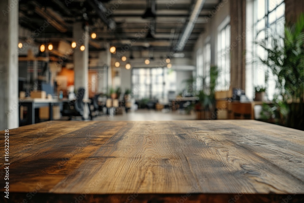Empty Wooden Table in Blurred Modern Office Background Empty Wooden Table in Blurred Modern Office Background