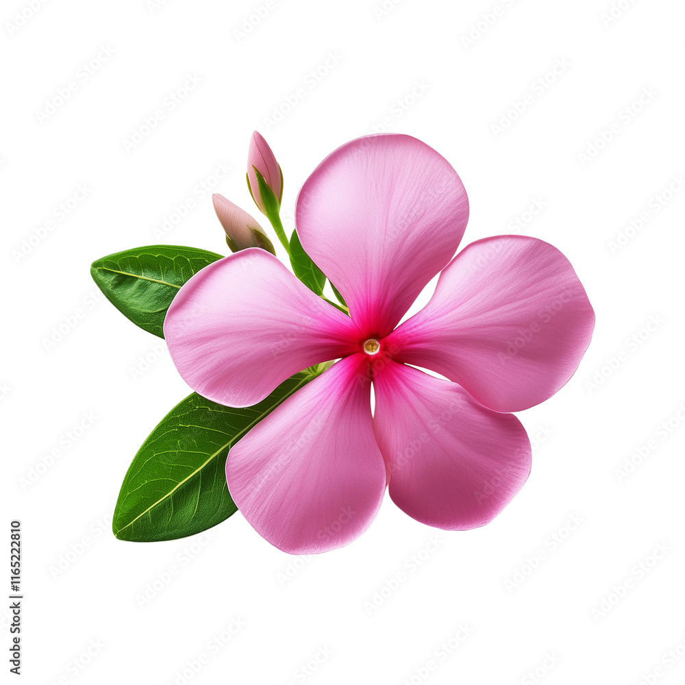 Obraz premium Pink madagascar periwinkle flower with green leaf on transparent background
