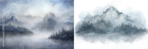 Soft watercolor mountains shrouded in fog, evoking a sense of mystery and calm.