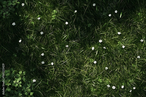 A top view of grass with small white flowers scattered across it, spring background photo