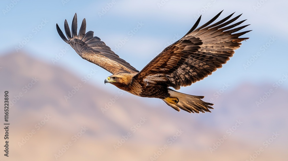 Fototapeta premium Majestic golden eagle soaring over mountain landscapes wildlife photography nature's beauty aerial view