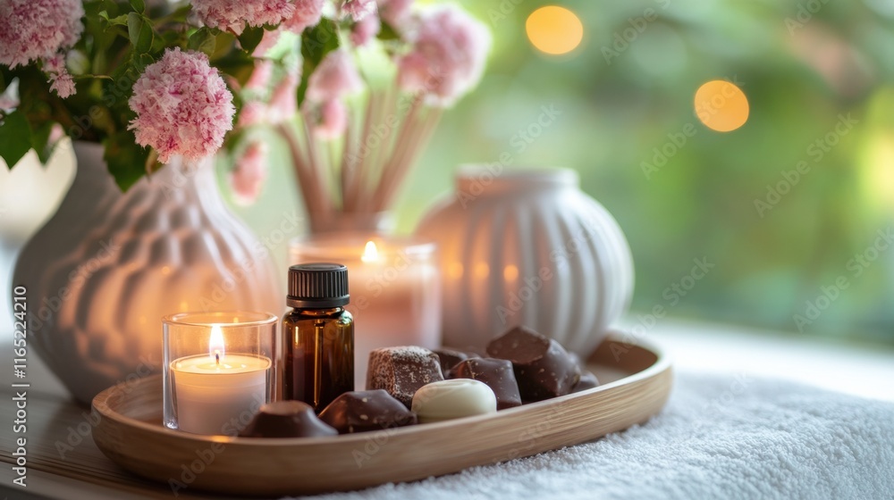 A Mother Day spa day setup with candles, flowers, and a tray of essential oils and chocolates, styled for relaxation A Mother Day spa day setup with candles, flowers, and a tray of essential oils and chocolates, styled for relaxation