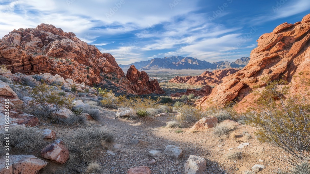 Obraz premium Scenic Desert Landscape Red Rock Formations Mountain Vista Hiking Trail