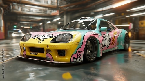 Stylish Graffiti Decorated Sports Car In Garage photo