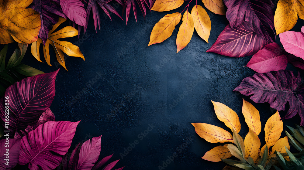 Vibrant foliage featuring a mix of pink and yellow leaves against a dark backdrop, showcasing the beauty of autumn colors with copy space Vibrant foliage featuring a mix of pink and yellow leaves against a dark backdrop, showcasing the beauty of autumn colors with copy space