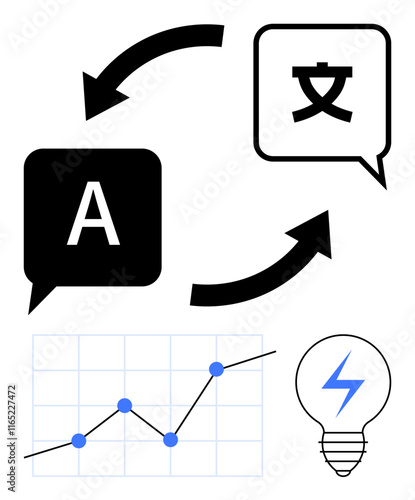 Speech bubbles with letters, circular arrows for translation concept, growth chart symbolizing progress, and lightbulb for innovation. Ideal for language tools, tech integration, global