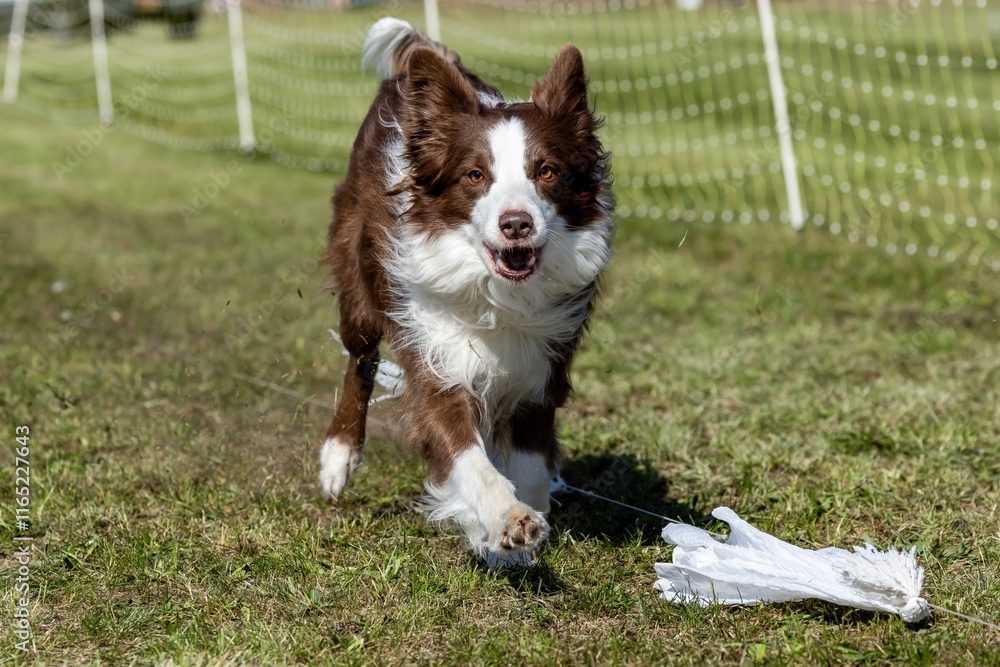 Brown and White Border Collie Running Lure Course Sprint Dog Sport Brown and White Border Collie Running Lure Course Sprint Dog Sport