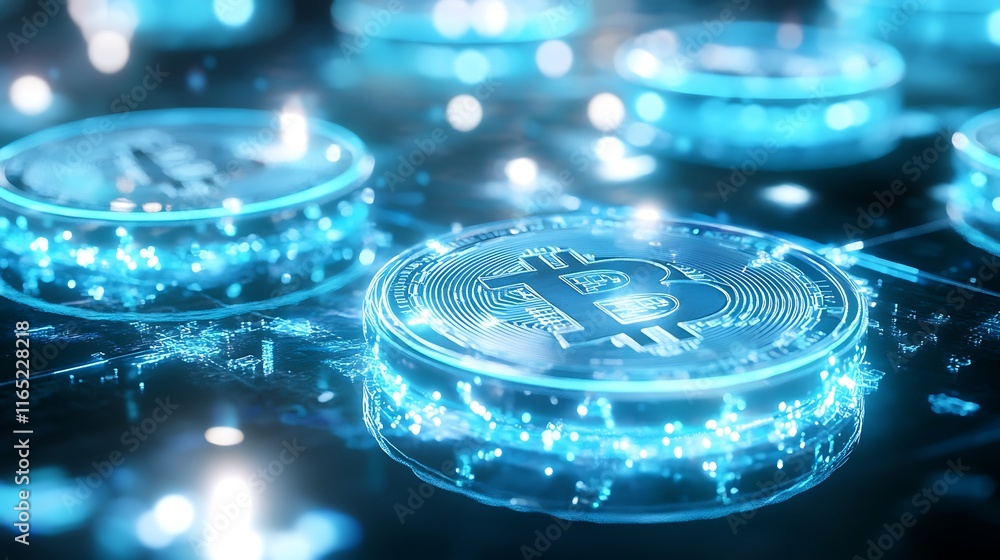Glowing Bitcoin Cryptocurrency Coins Glowing Bitcoin Cryptocurrency Coins