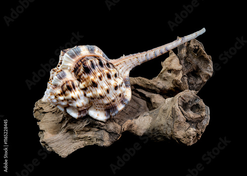 Murex Haustellum Shell on Driftwood photo