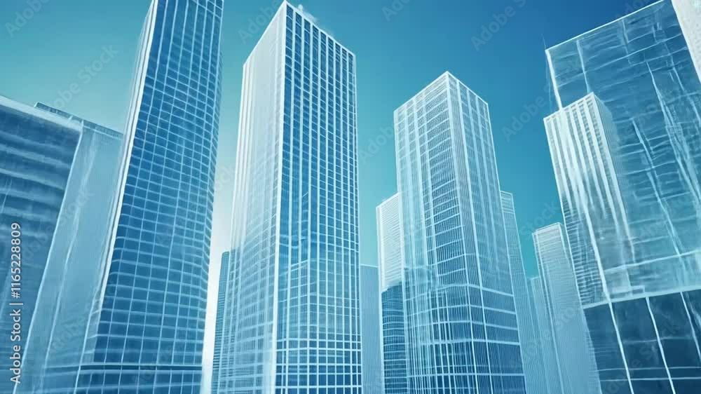 3D rendering wireframe of office buildings blue background. Concept - modern city modern architecture and designing 3D rendering wireframe of office buildings blue background. Concept - modern city modern architecture and designing