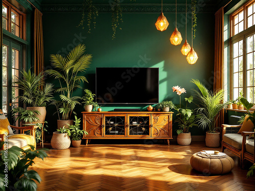 Modern Living Room with TV Cabinet Against Dark Green Wall – Stylish Home Decor, legant Home Interior Featuring TV Cabinet and Green Accent Wall. photo