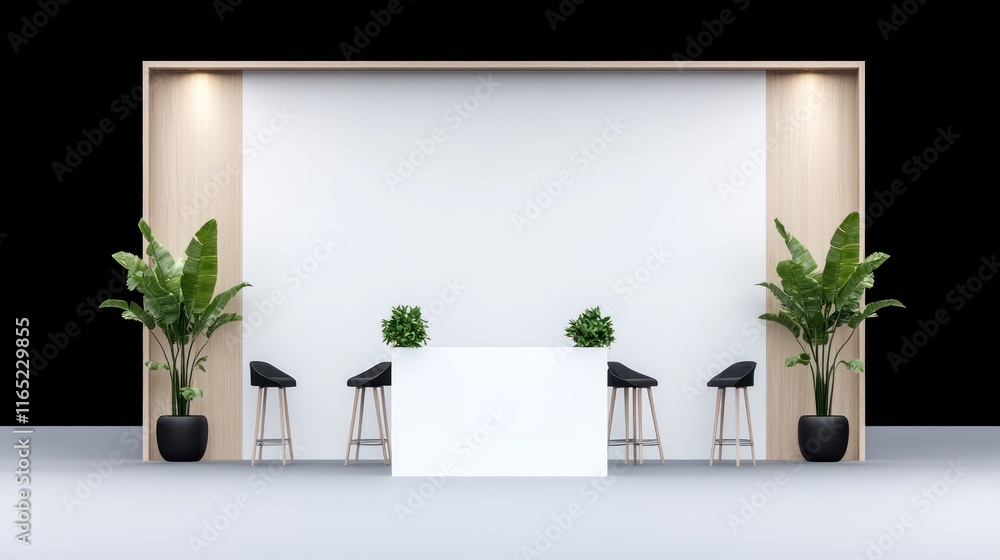 Modern reception area with minimalistic design and greenery. Modern reception area with minimalistic design and greenery.