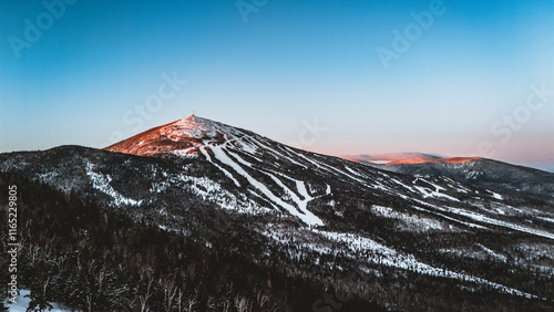 Aerial winter view of Sugarloaf Mountain, Maine at sunrise