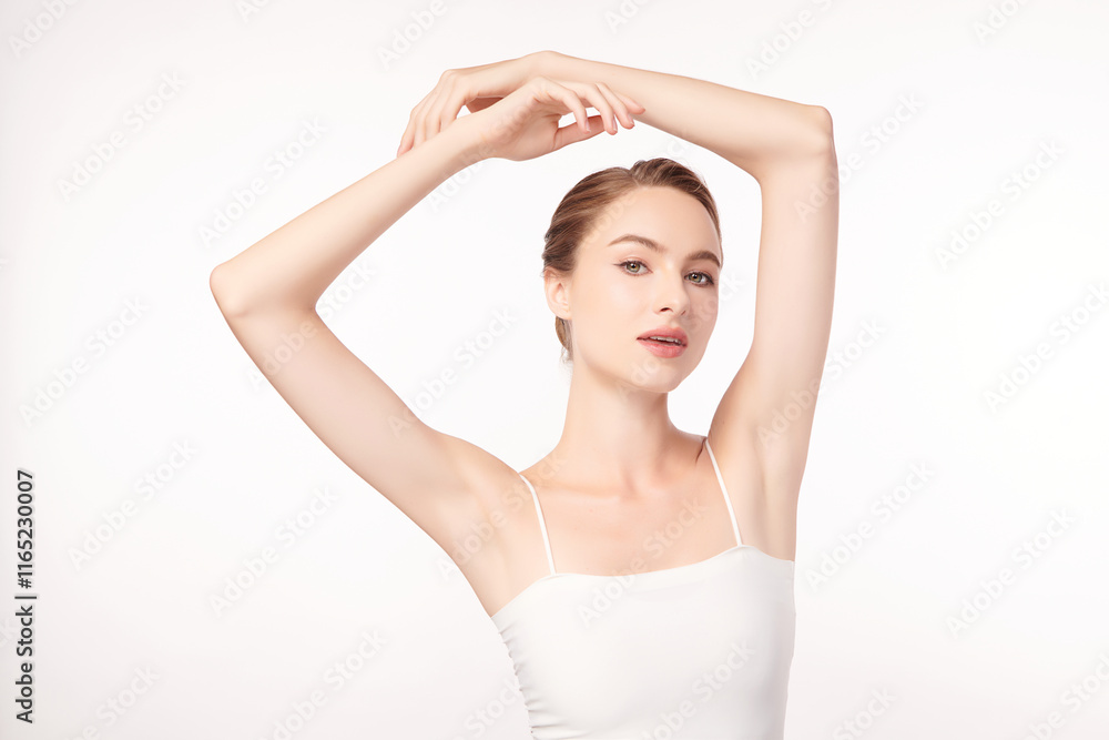 Beautiful Young woman lifting hands up to show off clean and hygienic armpits or underarms on white background, Smooth armpit cleanliness and protection concept Beautiful Young woman lifting hands up to show off clean and hygienic armpits or underarms on white background, Smooth armpit cleanliness and protection concept