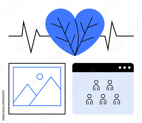 Blue leaf heart with a heartbeat line flanked by an image frame and user interface icons. Ideal for health, wellness, connectivity, creativity, teamwork, digital tools, and eco-living themes