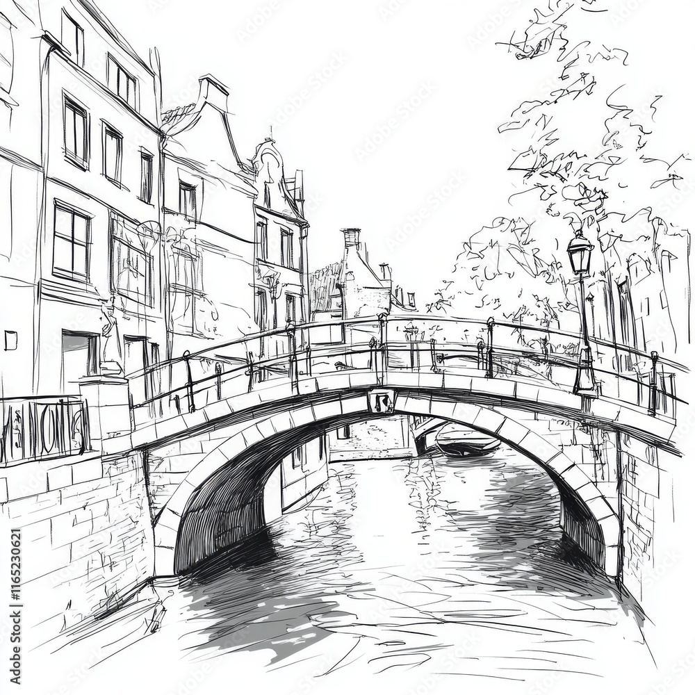 Fototapeta premium Sketch of a quaint canal bridge and buildings.