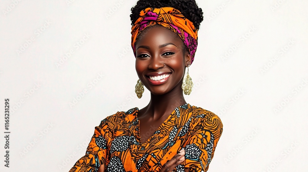 Fototapeta premium Confident Smiling African Woman with Arms Crossed in Colorful Attire