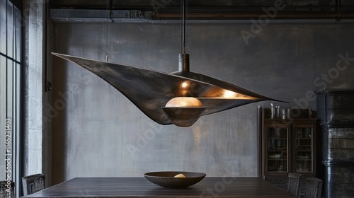 A unique statement pendant light made of industrial metal, hanging above a dining table in a loft-style space