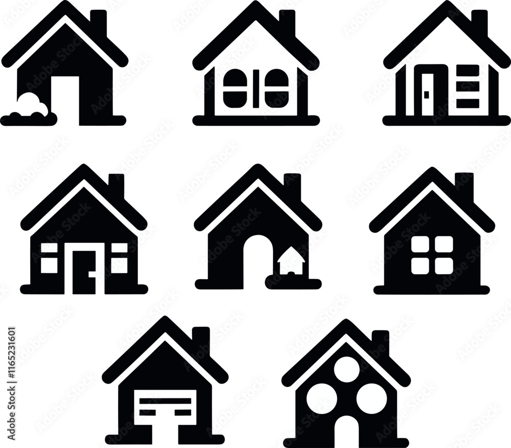 Set of house and home insurance icons in black and white style Set of house and home insurance icons in black and white style