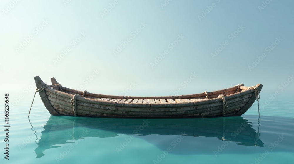 A weathered wooden rowboat floats serenely on calm, teal water under a pale sky A weathered wooden rowboat floats serenely on calm, teal water under a pale sky