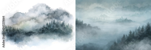 Mysterious fog blankets lush forests and rolling hills, evoking a sense of adventure and exploration.