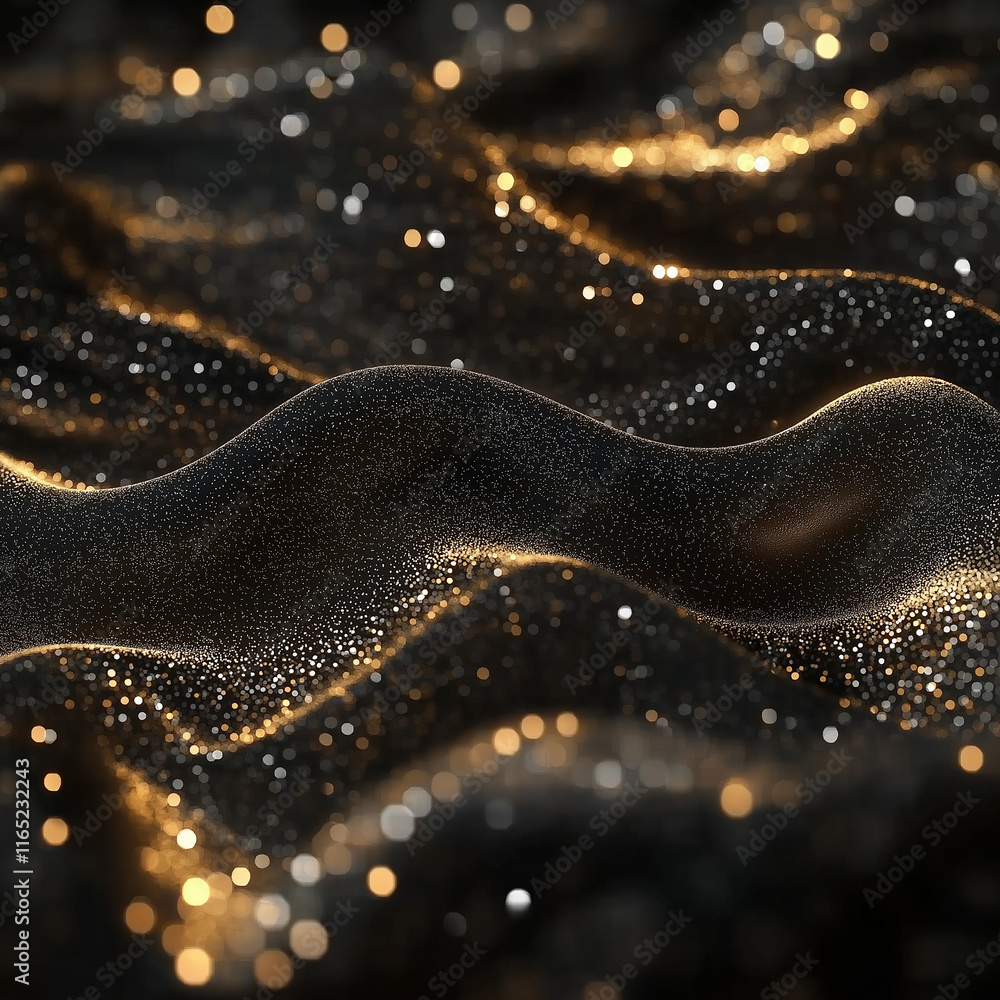 Dynamic golden particles flowing through dark waves abstract digital art enigmatic environment close-up viewpoint visual serenity Dynamic golden particles flowing through dark waves abstract digital art enigmatic environment close-up viewpoint visual serenity