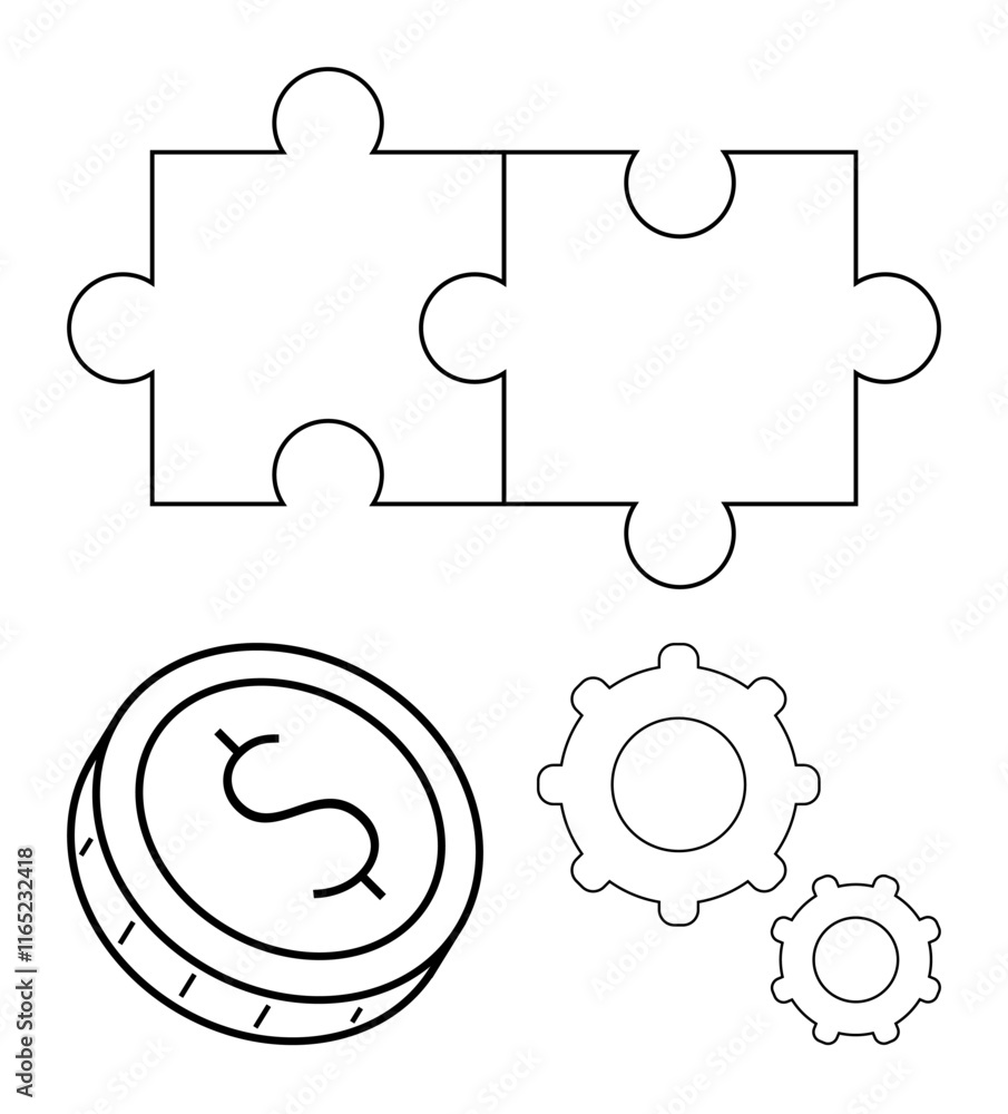 Coin with dollar sign, two puzzle pieces, two gears. Ideal for business strategy, financial planning, operations, teamwork, problem-solving productivity and integration themes. Line metaphor Coin with dollar sign, two puzzle pieces, two gears. Ideal for business strategy, financial planning, operations, teamwork, problem-solving productivity and integration themes. Line metaphor