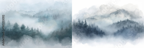 Serene misty landscape featuring dark trees and soft fog enveloping distant mountains.