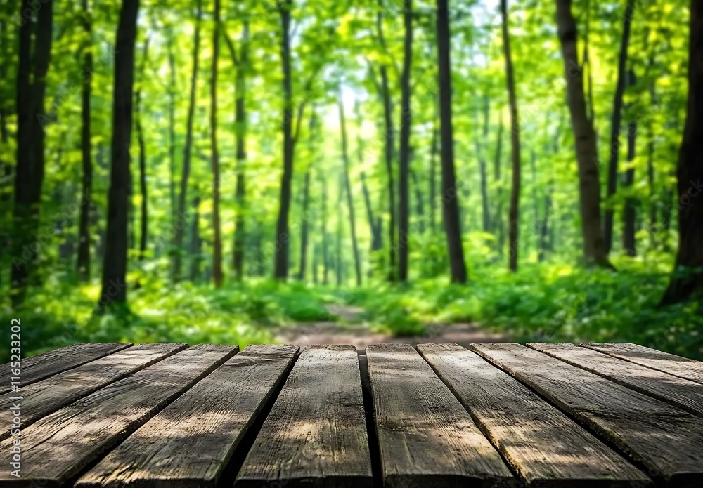 Empty wooden table top with blurred spring forest background Empty wooden table top with blurred spring forest background