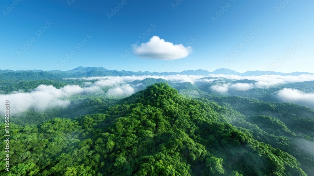 Fototapeta premium Lush green mountain landscape with clouds and mist.