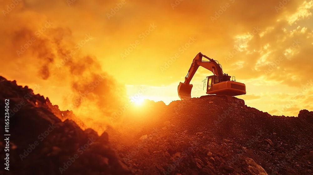 Excavator Working on Construction Site with Sunset Background Excavator Working on Construction Site with Sunset Background