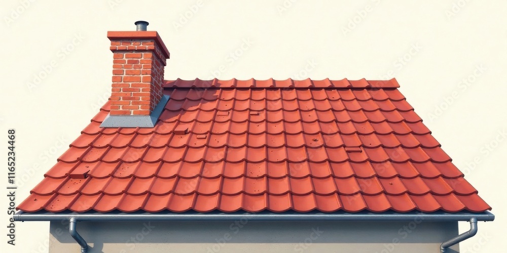 Fototapeta premium Red Tile Roof with Brick Chimney and Gutter